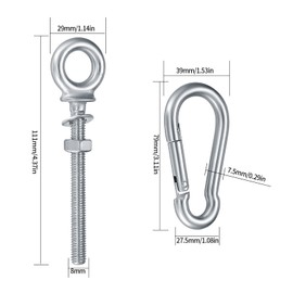 Eye Bolt with Carabiner Hook, M8 x 80 mm Eyelet Screw with Metric Thread, 2 Pieces Eye Bolt, Ring Bolts, 2 Pieces Carabiner Hooks Stainless Steel