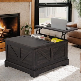 LOUVIXA Vintage Storage Coffee Table, Lift Top Coffee Table, Square Center Table, Living Room Tables, Wood Tea Table (Retro Brown)