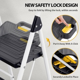 TOOLF 2 Step Ladder, Sturdy Steel Step Stool with Anti-Slip Wide Pedals, Handrail, Safe-Lock Design, Folding Portable Ladder for Multi-Purpose, Home, Kitchen, Pass 800lbs Load Testing, White