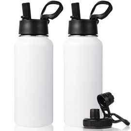 Neihepal 32 oz Insulated Water Bottle Bulk 2 Pack,18/8 Stainless Steel Double Wall Vacuum Flask with Straw Lid & Spout Lid Keeps Hot or Cold,Ideal for Gym,School,Outdoor,Camping,Sports(White,2 Set)