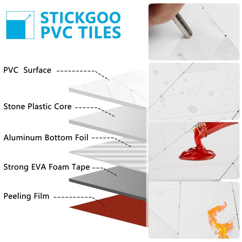 STICKGOO 10-Sheet Herringbone Tile Peel and Stick Backsplash, White Marble