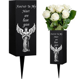 WEBEEDY Cemetery Vases Decorations for Grave with Spikes, Angel Pattern Metal Grave Vase Flower Holder Memorial Decorations for Cemetery Funeral Father's Day Happy Heavenly Birthday,3.15x7.87 Inch
