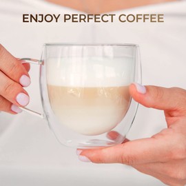 Double Wall Glass Coffee Mugs - Glass Cups with Handle - Insulated Coffee Cups - Clear Coffee Mugs Set of 2 - Glass Cups Set 5 oz Designed in the USA