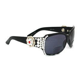The Medallion, Berry, Bifocal Bling Women Sun glasses Reader, Adorned with Clear Genuine European Crystals, Sun Readers Glasses with Rope Edge Concho, Black Frame. NY Fifth Avenue.