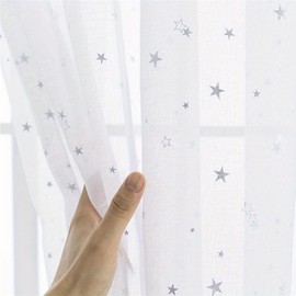 WPKIRA Lace Curtain UV Protection Lightweight Stylish Natural Ventilation Semi-Opaque Window Room Bedroom Silver Stars Door Child-friendly Washable 2-piece Set (Width 39.4 x Length 70.1 Inches/Each)