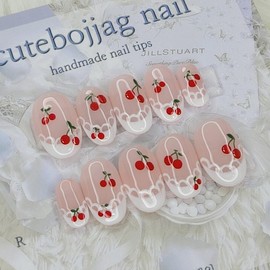 Princess Cherry Handmade Nail Tips - Stiletto L / 프린세스 체리 수제네일팁 - 스틸레토L
