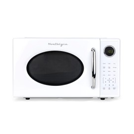 Nostalgia Retro 1000W Microwave Oven 1.1 Cu Ft Capacity – Child Safety Lock, 8 Auto-Cook Settings – Countertop Kitchen Appliance – White