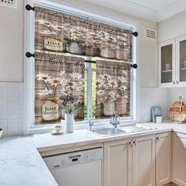 Nesphy Farmhouse Floral Kitchen Window Curtains Valance and Tier Set 36 Inch, Daisy Rustic Vintage Flower Inspirational 3 Piece Window Treatment Tiers Kitchen Decor Country Wooden Drapes