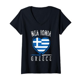 Womens Greece Flag Heart Nea Ionia City V-Neck T-Shirt