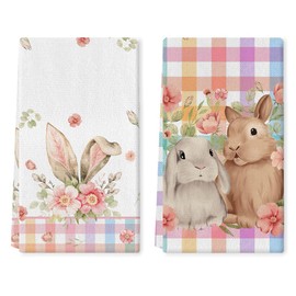 QKURT Easter Kitchen Towels Dish Towels for Kitchen Decor Set of 2, Easter Decorations Stripe Eggs Floral Bunny Plaid Seasonal Washcloths