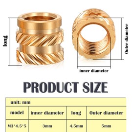 FERCAISH 100 Pcs Knurled Nut, Threaded Heat-Set Inserts Brass for 3D Printed Parts, Brass Nuts Embedment Twill Thread Screws Heat Set Knurled Inserts for Automotive Plastic Shells(3x4.5x5mm)