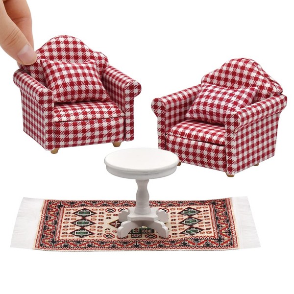 iLAND Dollhouse Furniture on 1/12 Scale for Dollhouse Living Room incl Sofa w/Pillow & End Table & Rug (Red White Gingham Armchairs Set)