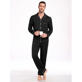 YOPUGEE Men Modal Pajama Set Long Sleeve Pjs Button Down Sleepwear Soft Comfy Loungewear Sets 2 Piece Nightwear Black L