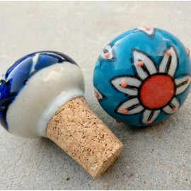Handmade Blue Pottery Ceramic Wine Bottle Stopper, Hand-Painted Floral Design, Multicolor with Cork Base (SKU166)