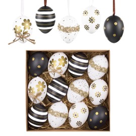 Valery Madelyn Pack of 12 Easter Eggs for Hanging Easter Decoration, 6 cm Modern Plastic Eggs for Easter Decoration, Black Gold White Ornament for Easter Baskets, Spring Decoration, Easter Gifts