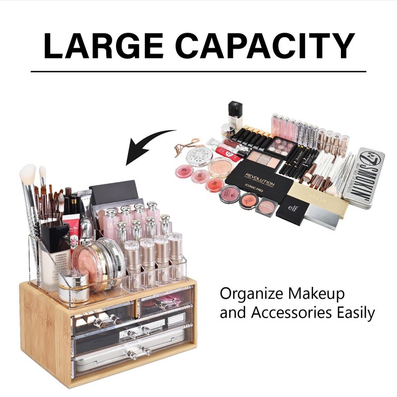 Neuxi Bamboo Makeup Organizer with 4 Acrylic Storages