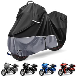 Blshwez Heavy Duty 600D Motorcycle Cover Waterproof Outdoor for Touring Bikes w/Side+Top Box - 110" Windproof w/ABS Lock Holes Fits for Harley Ultra Limited & Gold Wing