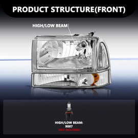 Aosky Headlight Assembly 4Pcs Set Compatible with 1999-2004 F250 F350 F450 F550 Super Duty / 00 01 02 03 04 Excursion Driver & Passenger Side, Chrome Housing with Amber Reflector