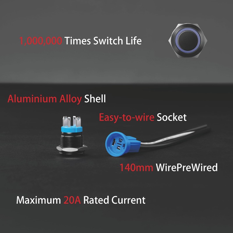 KWONONG LED Latching Push Button Switch, Aluminum Alloy, IP67 Waterproof
