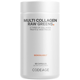 Codeage Multi Collagen Protein + Organic Raw Greens Superfood Capsules Supplement, 21 Fruits & Veggies, Grass-Fed Hydrolyzed Collagen Peptides, 5 Types All-in-One, 180 Count