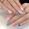 24Pcs Blue Flower Press on Nails Medium Almond Nail French