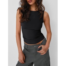 AUTOMET Womens Going Out Tank Tops Sleeveless Summer 2025 Trendy Cute Shirts Boat Neck Basic Y2K Fashion Outfit Clothes Black M