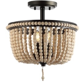JONATHAN Y JYL9020A 14" Boho Beaded Semi Flush Mount Ceiling Light, 3-Light Farmhouse Close to Ceiling Light Fixture with Wood Beads for Bedroom, Hallway, Entryway, Kitchen, Black Finish