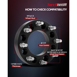 Torchbeam 8x6.5 to 8x180 Wheel Adapters 1.5 inch, Lug Centric Wheel Adapters (Changes Bolt Pattern) with M14x1.5 Thread Pitch,117mm Hub Bore,2pcs Adapters for Silverado 1500,Silverado 2500 HD