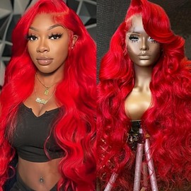 ANDRIA 13x4 HD Transparent Red Lace Front Wigs 200% Density Body Wave Lace Frontal Wig Loose Wave Natural Wine Red Glueless Lace Wigs with Baby Hair Pre Plucked Hairline 28 Inch Wig For Black Woman