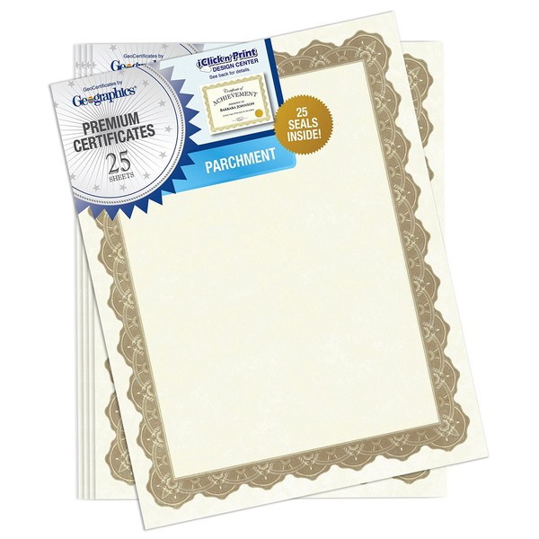 Geographics Optima Gold Blank Award Certificate Paper with Gold Foil Seals, 8.5 x 11", Seal 1.75" (Pack of 25)