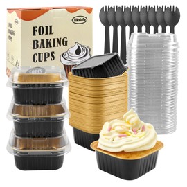 Tikxlafe Aluminium Foil Square Brownie Baking Cups, Mini Loaf Pans With Lids 50 Pack, Disposable Ramekins Baking Pan, Cupcake Container for Brownie Bread Cheesecake-Black