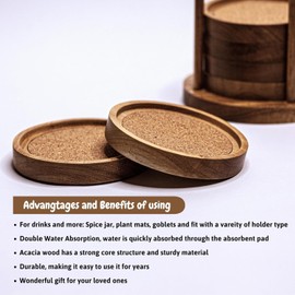 Wood Coasters for Drinks with Wooden Holder, Wooden Coaster with Cork for Tabletop Protection, Drink Coasters for Coffee Table (Coasters with Wooden Holder)