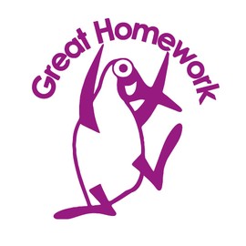 SuperStickers 'Great Homework' Pre-Inked Teacher Stamp for Marking in Purple Ink with Penguin Image.