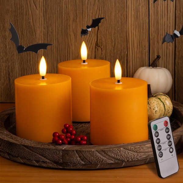SEHNSY Orange Flameless Candles 3 Pack (3"x3"), Battery Powered LED