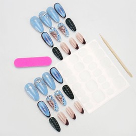 LBPEPAMZ 24Pcs Blue Press on Nails Short Almond fake Nails with 3D Green Line Design French Tip Full Cover Glue on Nails Silver Charms Cross Stick on Nail Glossy Ombre Acrylic False Nail for Women