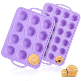 Vnray 2 Pack Silicone Muffin Pan 12 and 24 Cup with Metal Frame, Non Stick Silicone Mini Cupcake Pan with Handles, BPA Free Silicon Regular Muffin Tin Tray Small for baking, egg bites, Mold Purple