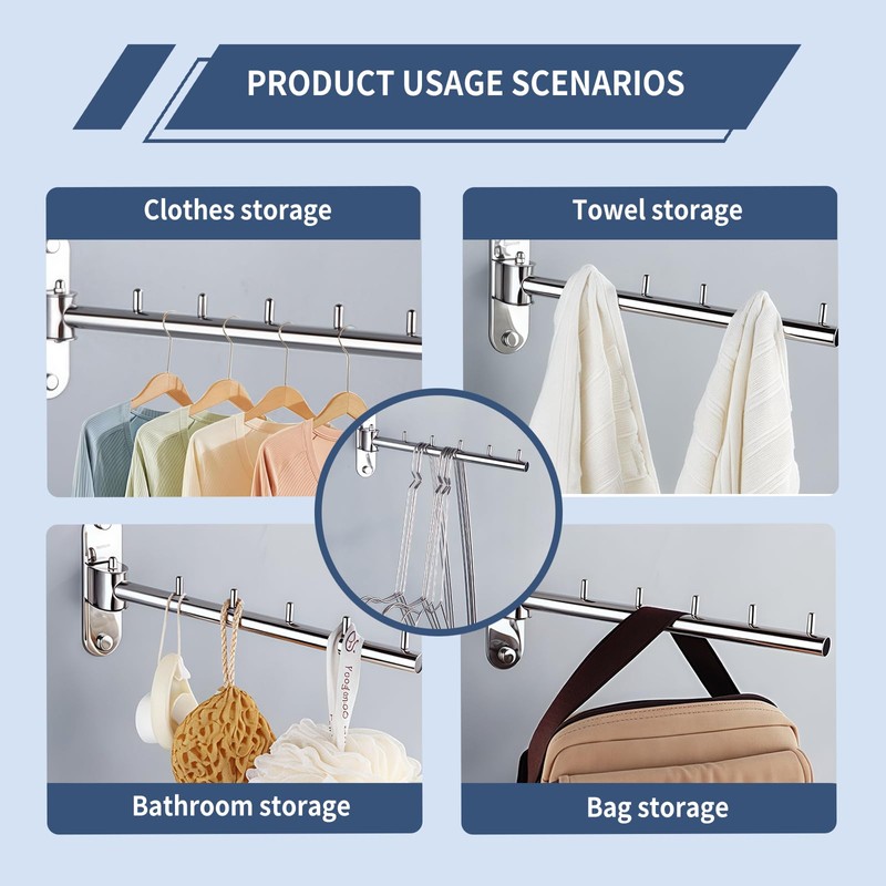 2Pcs Folding Wall Mounted Clothes Hanger Rack, Stainless Steel Clothes