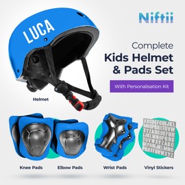 Niftii Kids Helmet with Pads and Personalisation Kit - Adjustable Multi-Sport Complete Safety Gear for Cycling, Skateboarding & Scooting - Ideal for Boys & Girls Ages 3-15 - Bike Helmet Set (Blue)