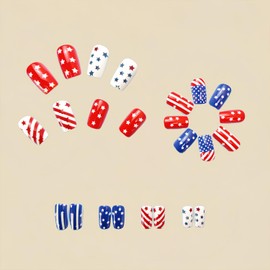 Tyuimhx 4th of July Press on Nails Medium Square Fake Nail Independence Day False Nails With Red White Blue Star Stripe Designs Acrylic Patriotic Artificial Glue on Nail for Women 24 Pcs