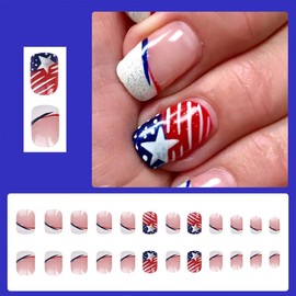 White French Tips Press on Nails Short Square Acrylic Nails Patriotic Fake Nails with Stars and Stripes Designs 4th of July Acrylic Glue on Nails Reusable Artificial Nails for Women and Girls 24PCS