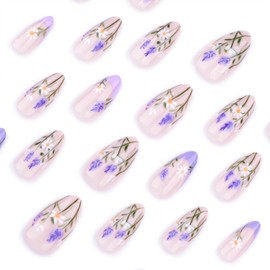 Spring Summer Daisy Press on Nails with Flower French Tip Fake Nails Medium Almond Glue on Nails Glossy Artificial Nail for Women