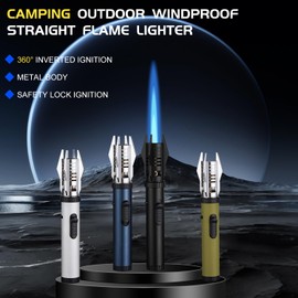 Torch Lighter, Camping Outdoor Windproof Straight Flame Lighter, Refillable Butane Lighter, Windproof Straight Torch Blue Flame Lighter, Household Kitchen Torch Lighter (Silver)