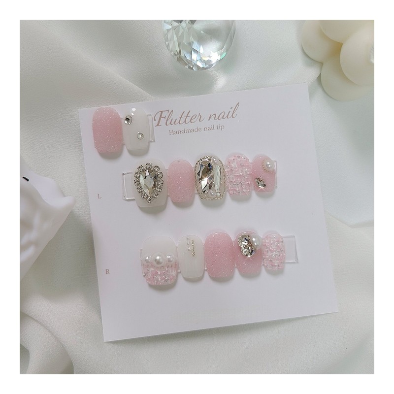 Pink Tweed Pearl Handmade Nail Tips - Short Oval /