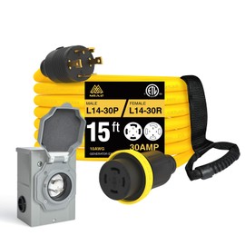 M1A2 15 FT Generator Cord 30 Amp and Power Inlet Box, NEMA L14-30P/L14-30R 125/250V Twist Lock Connector with Pre-Drilled NEMA L14-30P Generator Inlet Box to House, ETL Listed