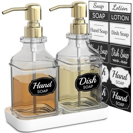 LMQML Soap Dispenser - 2 Pack, Antique Design Thick Glass Hand Soap Dispensers with Sturdy Tray; 304 Rust Proof Stainless Steel Pump, 12Pcs Stickers, for Kitchen, Bathroom