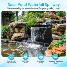 POPOSOAP Pond Waterfall Spillway Kit with LED Lights, 13.4" H x 12" W Stainless Steel Spillway with 660GPH Pond Pump, Filtration, 10FT Corrugated Tubing Waterfall for Water Garden, Backyard, Pool