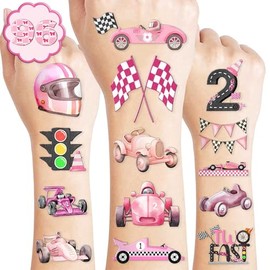 MeoIsDaBest-100 piezas de tatuajes temporales de coche de carreras rosa, suministros de decoración para fiestas de cumpleaños, recuerdos, pegatinas de