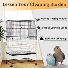 Daoeny Large Bird Cage Cover, Bird Cage Seed Catcher, Adjustable Soft Nylon Mesh Net with Daisy Pattern, Birdcage Cover Skirt Seed Guard for Parrot Parakeet Macaw Round Square Cages (White)