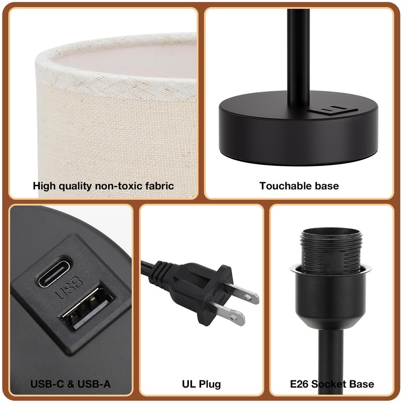 Beige Touch Lamp for Bedroom with USB - 3 Way