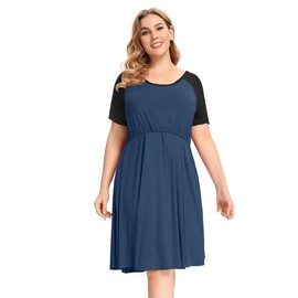MONNURO Women's Plus Size Nursing Dress Short Sleeve Color Block Labor Delivery Maternity Nightgown Dress for Breastfeeding(Teal Blue,4X)
